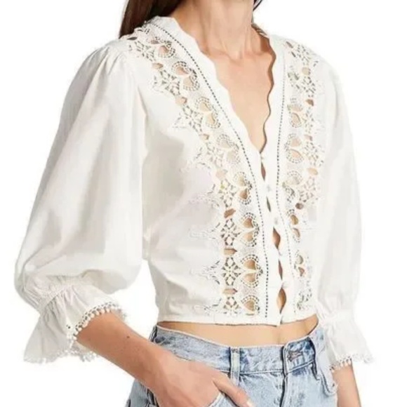 Free People Louella Embroidered Blouse Top Shirt Puff Sleev White Ivory Cotton L - Picture 5 of 17